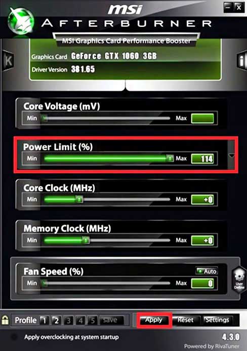 Рухаємо повзунок «Power Limit» на максимум і натискаємо «Apply», в моєму випадку до позначки в 114%